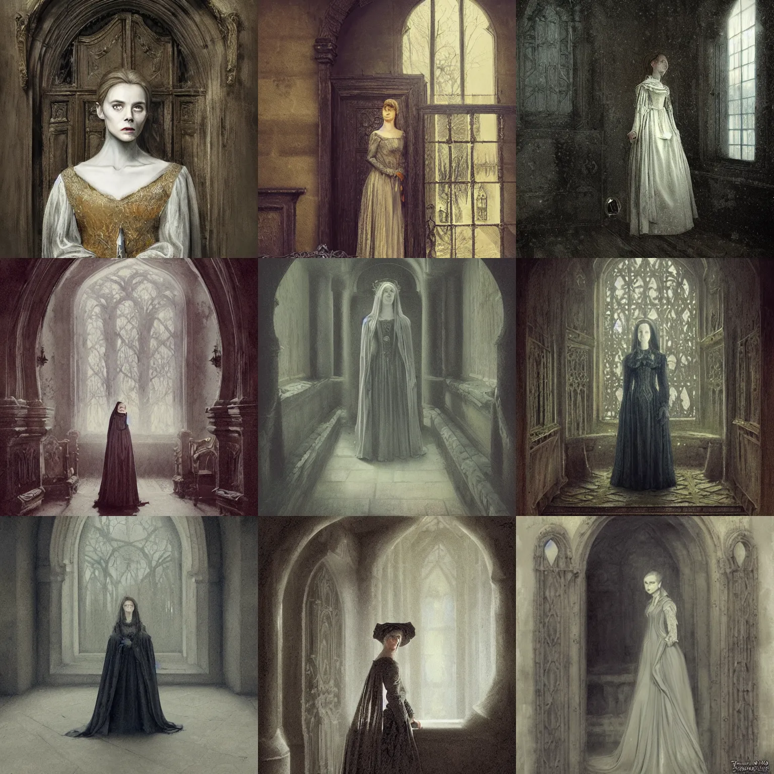 Prompt: ghost of a 16th century lady in a eastern european castle, greyish tones, mystical, atmospheric consept art by Tapiró Baró, Greg Rutkowski and J.Dickenson, inspired by John Everett Millais: The Somnambulist