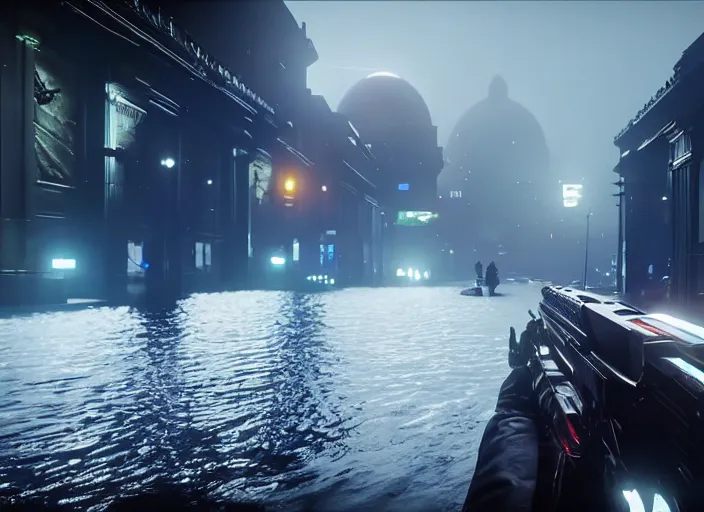 Image similar to 4k 60fps in-game Destiny 2 gameplay showcase, dark, misty, foggy, flooded, rainy manhattan street in Destiny 2, liminal, dark, dystopian, large creatures in distance, abandoned, highly detailed