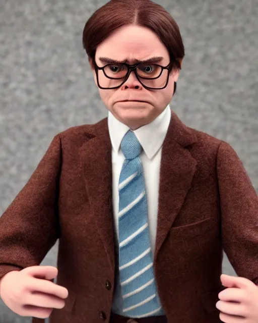 Image similar to dwight schrute with brown suit as a muppet. highly detailed felt. hyper real photo. 4 k.