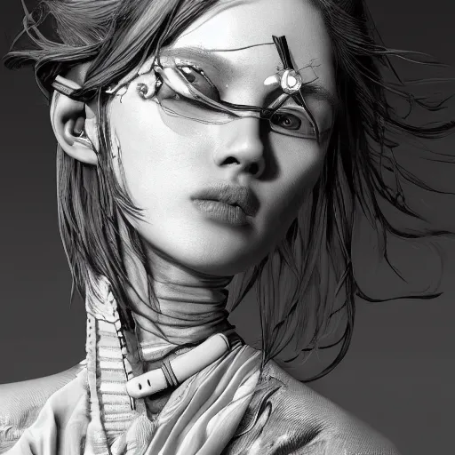 Image similar to closeup portrait of an absurdly beautiful, graceful, sophisticated, fashionable cyberpunk gravure idol, an ultrafine hyperdetailed illustration by kim jung gi, irakli nadar, matt wisniewski, fashion photography, intricate linework, porcelain skin, unreal engine 5 highly rendered, global illumination, radiant light, detailed and intricate environment