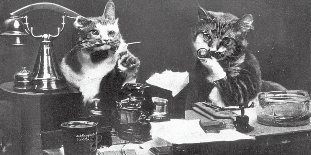 Image similar to a vintage photo from 1890 of a cat smoking a cigar while talking on a rotary phone in a tec support office filled with tools and coffee cups