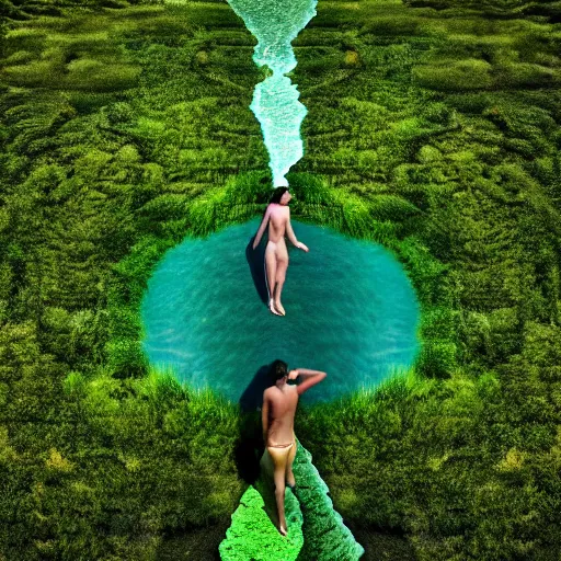 Image similar to human form showing visible refraction against a lush landscape high definition photography