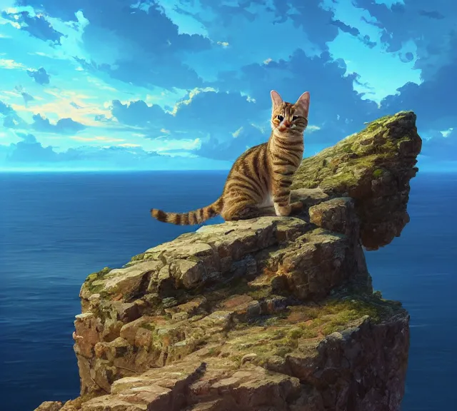 Image similar to a tabby cat sitting on a cliff overlooking the sea. Atmospheric lighting, sunset, blue sea. By Makoto Shinkai, Stanley Artgerm Lau, WLOP, Rossdraws, James Jean, Andrei Riabovitchev, Marc Simonetti, krenz cushart, Sakimichan, trending on ArtStation, digital art.