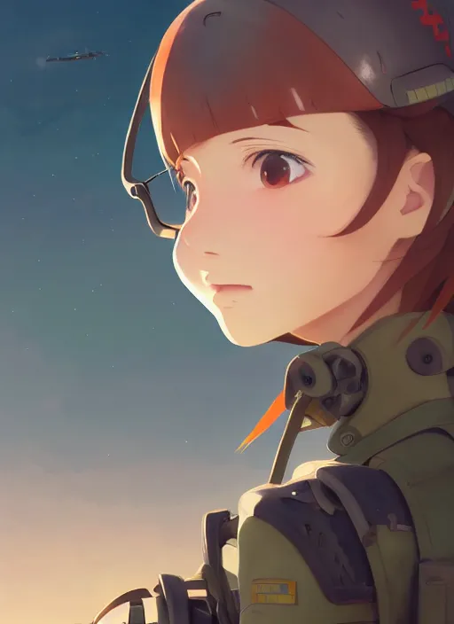 Image similar to portrait of cute pilot girl, smoky sky background, lush landscape, illustration concept art anime key visual trending pixiv fanbox by wlop and greg rutkowski and makoto shinkai and studio ghibli and kyoto animation, soldier clothing, military gear, airplane robot, war machine, sky girls series