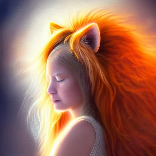 Image similar to Portrait of a girl angel with pale orange colored frizzy strands of illuminated hair, cat ears on her head, glowing halo, Lion's Mane, Cosmic, Lion's Gate, 8/8, fantasy, intricate, elegant, highly detailed, digital painting, artstation, concept art, smooth, sharp focus, illustration, art by Krenz Cushart and Artem Demura and alphonse mucha