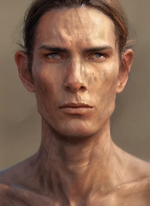 Image similar to a young shaman in his twenties with medium light brown hair tied back, a large forehead, a widows peak and a round face with high cheekbones as a realistic d & d fantasy character, portrait art by donato giancola and greg rutkowski, vintage retro, realistic face, digital art, trending on artstation