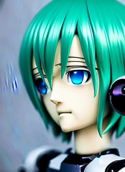 Image similar to Close-up portrait of an anime style android, robot made of anime figurine, sea-green hair and blue eyes, polycarbonate plastics, fiber-optics, fine joints, cute, wholesome, award-winning robotics