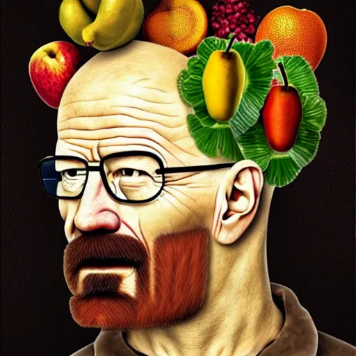 Image similar to walter white in the style of giuseppe arcimboldo, fruits