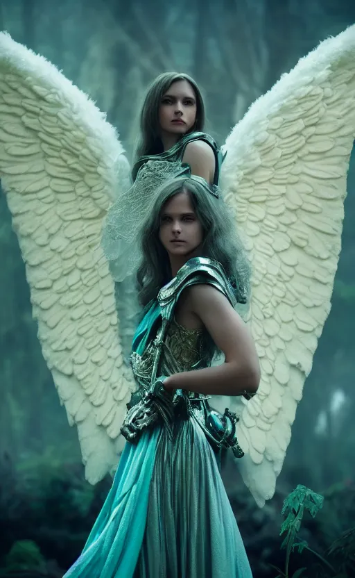 Prompt: angel, big wings, low key light, full plate armor with cloth, f 2. 8, bokeh, medium portrait, gentle, female, dark ruins, landscape, d & d, fantasy, intricate, elegant, highly detailed, teal white gold color palette, roger deakins, sharp focus, greg rutkowski and alphonse mucha