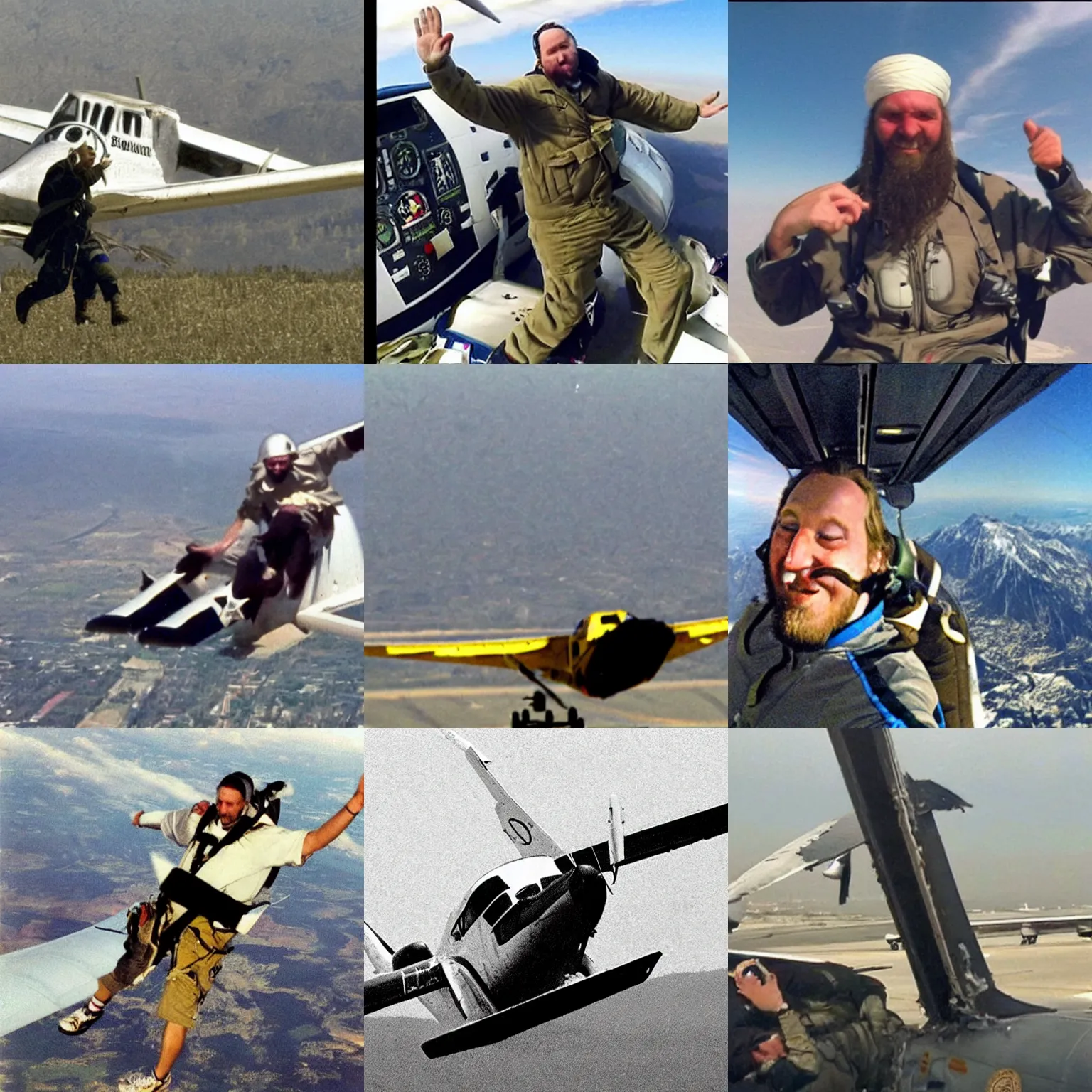 Prompt: Ben laden dabbing in a plane during a crash, photograph