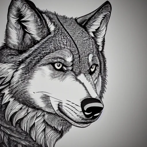 Prompt: professional but simple line art of a wolf, outline, high quality, HD, 8K, award-winning