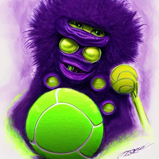 Image similar to a tennis ball monster in a purple pimp coat, digital art, fantasy, magic, chalk, trending on artstation, ultra detailed, professional illustration by basil gogos