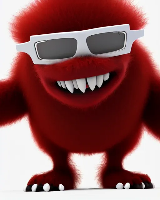 Prompt: 3 d render of completely red hairy friendly antropomorphic cartoony creature wearing white ray - ban shades, full body, simple, grin instead without a nose, cute, white background, unreal engine 5 hdr