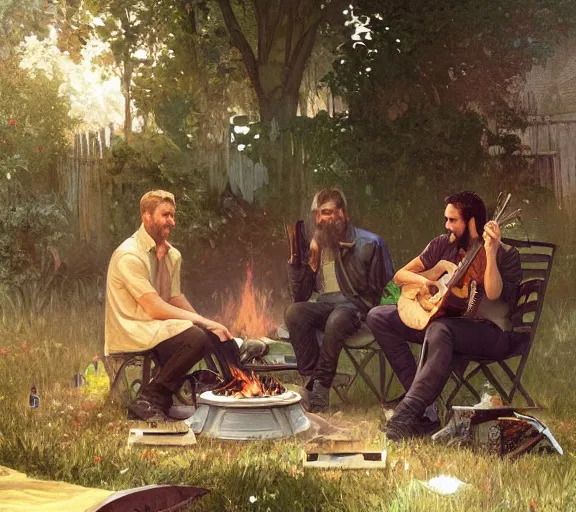 Image similar to three guys talking in the backyard with a barbecue and a bonfire, one guy playing guitar, evening, artstation, concept art, smooth, sharp focus, illustration, art by and greg rutkowski and alphonse mucha