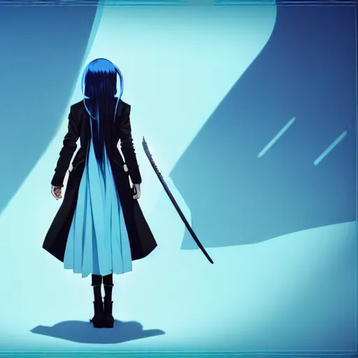 Image similar to low - angle shot from behind of a long light blue - haired girl in a tailcoat with a scabbard, combat boots, noir, screenshot, sharp focus, intricate, illustration, cell shaded, digital painting, highly detailed, straight hair, art by ilya kuvshinov, wlop, greg rutkowski, studio quality, james jean