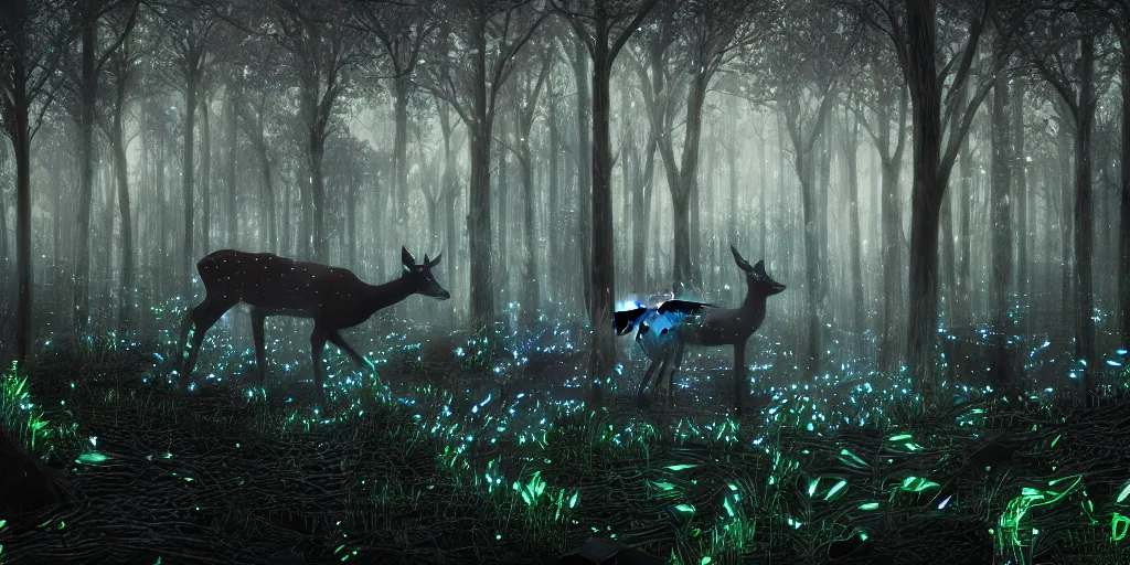 Image similar to a single deer in an ethereal electronic forest made from glowing circuits and electronics, highly detailed concept art, cinematic framing, 3 d, dark, moody, led