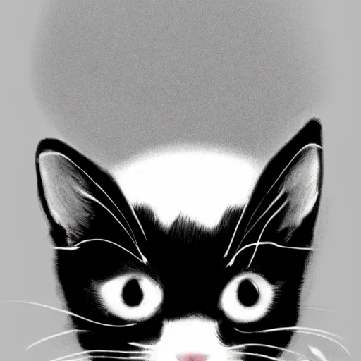 Image similar to black and white drawing of a baby kitten, floating head, white background