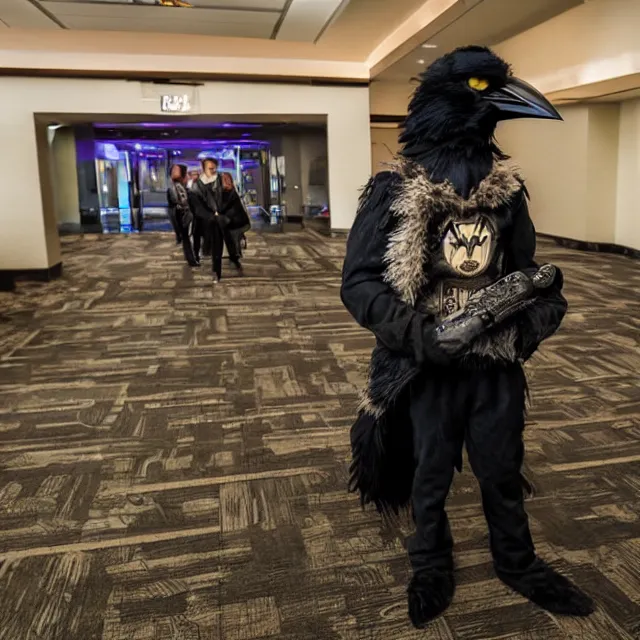 Prompt: a person wearing a fursuit of a crow fursona, fursona, furry convention, hotel lobby, indoors, photograph, furry fandom, photorealistic,