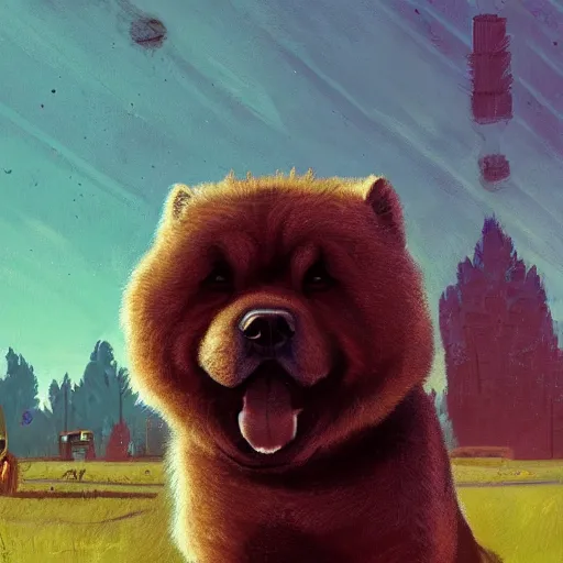 Prompt: a chow chow in a mech suit in the style of simon stalenhag