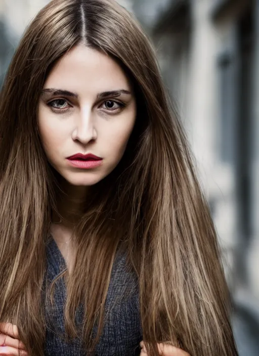 Prompt: color realistic portrait of a beautiful, stylish, 30-year-old French woman street background, with long, straight hair, street portrait in the style of Mario Testino 50mm