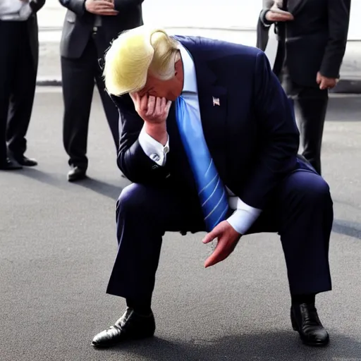 Prompt: Donald Trump crying because he dropped his mobile phone on the floor