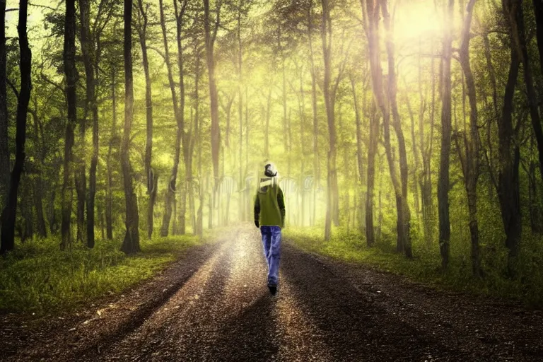 Image similar to a man standing on a dirt road in the woods, a stock photo by gregorius sickinger, pixabay contest winner, primitivism, rendered in maya, anamorphic lens flare, dark