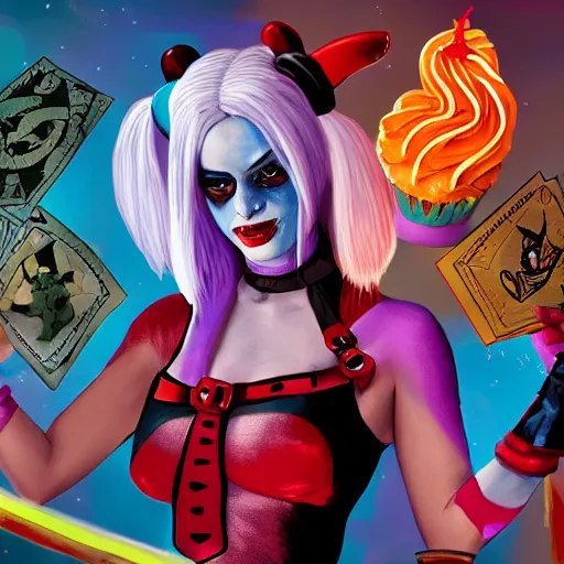 Image similar to very high resolution photo of a magic the gathering card called harley quinn's birthday.