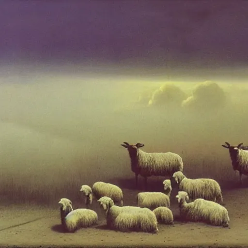 Image similar to dead sheeps in a farm nuclear winter by zdzisław beksinski