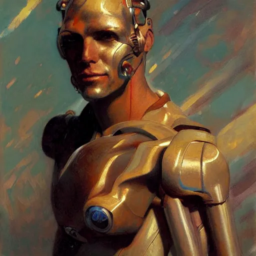 Image similar to human cyborg, sunny, painting by gaston bussiere, craig mullins, j. c. leyendecker