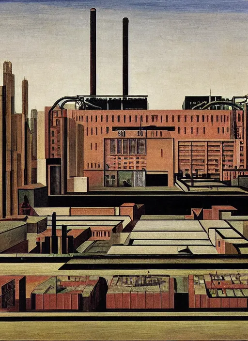 Image similar to a painting by giorgio de chirico of an elongated industrial warehouse that extends through the city containing a park inside designed by oma