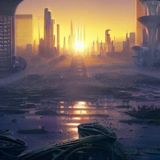 Image similar to bio-futurism, utopian city,differential growth,beautiful sunset,panoramic,michael whelan,photorealistic,detailed