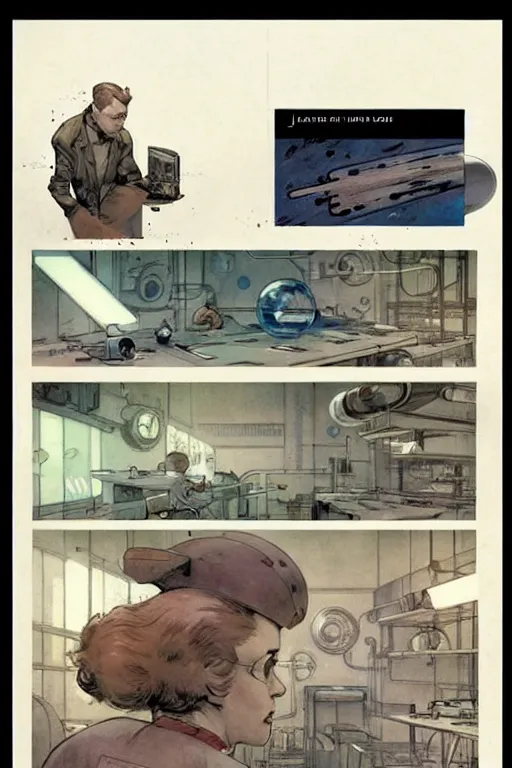 Prompt: graphic novel page layout ( ( ( ( ( 1 9 5 0 s retro future boy super scientest lab interior. muted colors. ) ) ) ) ) by jean - baptiste monge!!!!!!!!!!!!!!!!!!!!!!!!!!!!!!