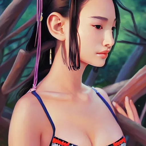 Image similar to a beautiful young japanese natalie portman alluring gravure model, stylized concept art, wearing elegant designer bomber jacket and one piece bikini, bomber jacket with mesoamerican patterns, mesoamerican native street fashion, princess mononoke, painted by ilya kuvshinov aesthetic, gorgeous, stunning, alluring, attractive, artstation, pinterest, digital art