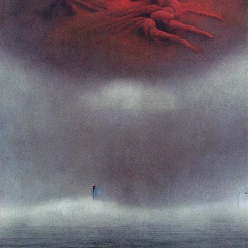 Prompt: a floating church in clouds of atmospheric mist, high detailed beksinski painting, by adrian ghenie and gerhard richter. art by takato yamamoto. masterpiece, deep colours.