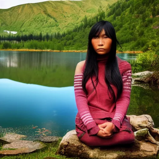 Prompt: prompt Young Woman, wearing Inka clothes, sad expression, sitting at a pond, mountainous area, trees in the background, digital art