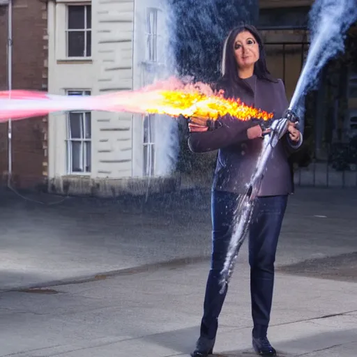 Prompt: Priti Patel Weilding A flamethrower, firing it into a building, medium shot photo 8k ultrahd