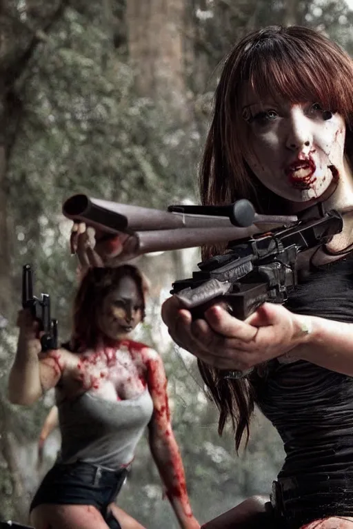 Prompt: a sexy girl with shotgun shooting at a gang of zombie, scene from movie