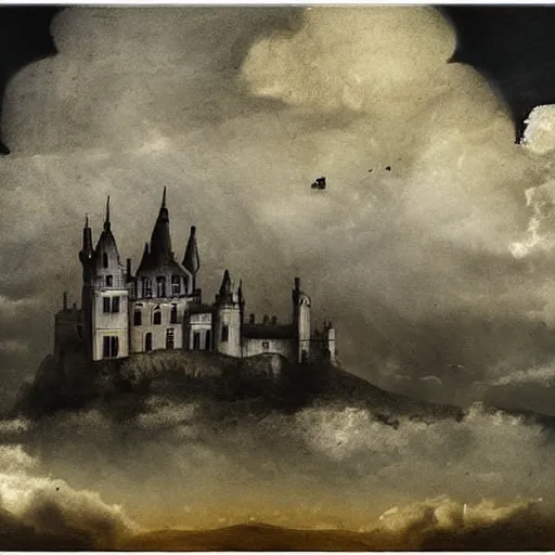 Image similar to A beautiful experimental art of a castle in the clouds. dark by Sofonisba Anguissola angular