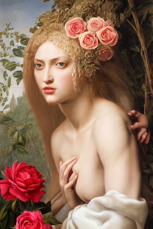 Prompt: hyperrealism close-up mythological portrait of a medieval beautiful blond female merged with huge number of roses, dark palette, pale skin, wearing silver silk robe, in style of classicism
