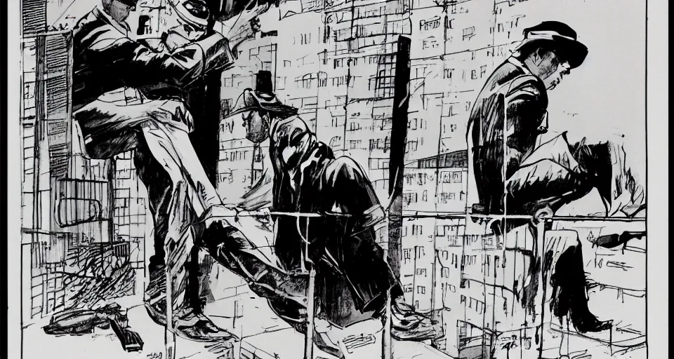 Prompt: a detective interrogating a suspect on the roof of the police station, by frank miller