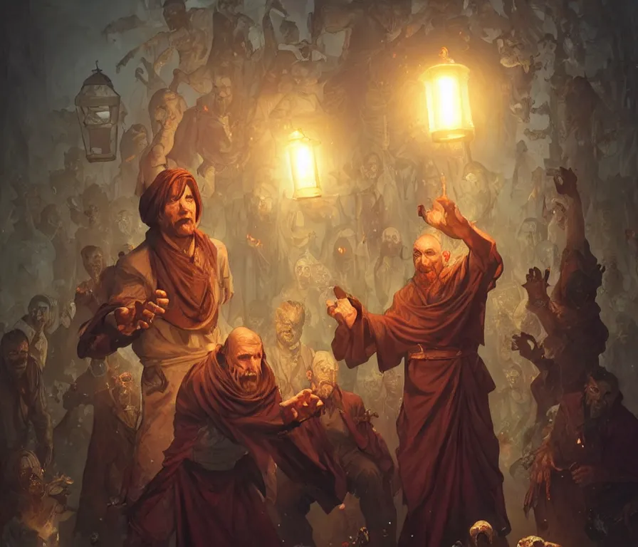 Image similar to male senior cleric holding a lantern surrounded by zombies, highly detailed, digital painting, artstation, concept art, smooth, sharp focus, illustration, art by artgerm and greg rutkowski and alphonse mucha and andrei riabovitchev