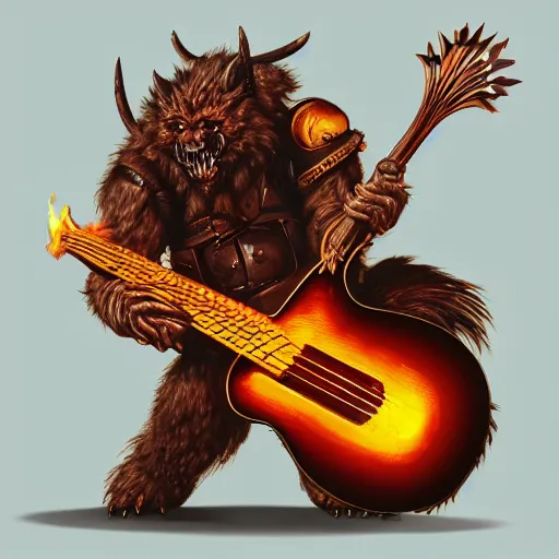 Prompt: bugbear playing flaming ibanez bass guitar, black beard, dungeons and dragons, hunters gear, character design on white background, drawn by studio ghibli, craig mullins, j. c. leyendecker 8 k, proko, trending on artstation colours red and gold