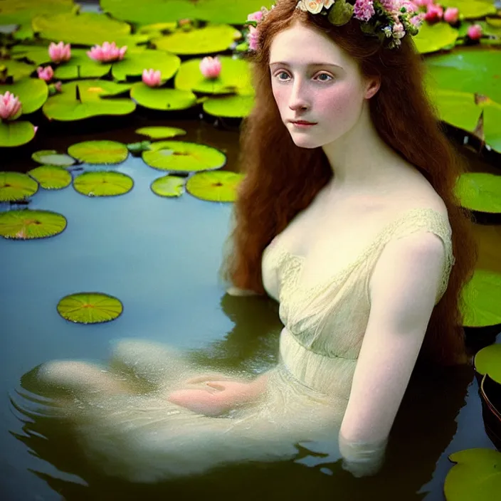 Prompt: Kodak Portra 400, 8K, soft light, volumetric lighting, highly detailed, britt marling style 3/4 ,portrait photo of a beautiful woman how pre-Raphaelites painter, the face emerges from the water of a pond with water lilies, inspired by Julie Dillon , a beautiful lace dress and hair are intricate with highly detailed realistic beautiful flowers , Realistic, Refined, Highly Detailed, natural outdoor soft pastel lighting colors scheme, outdoor fine art photography, Hyper realistic, photo realistic