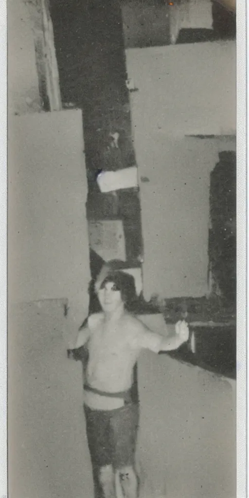 Image similar to found polaroid photo of a pale cryptid in a musty basement