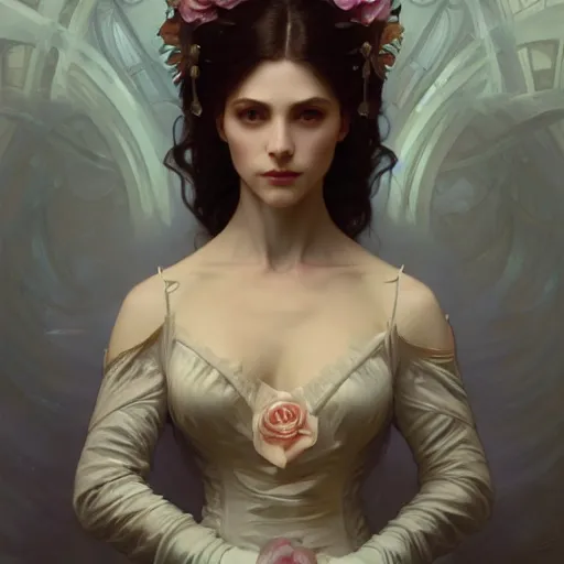 Image similar to portrait of a female necromancer, intricate, elegant, highly detailed, digital painting, artstation, concept art, smooth, sharp focus, illustration, art by artgerm and greg rutkowski and alphonse mucha and william - adolphe bouguereau