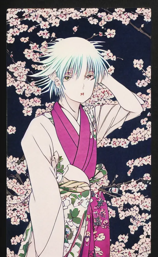 Prompt: by akio watanabe, manga art, realistic anatomy, a girl with white hair and blossoming sakura petals, trading card front, kimono, sun in the background