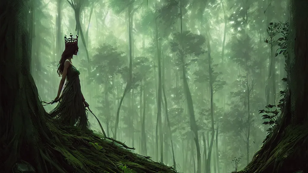 Prompt: a queen of the forest, lost in the forest, detailed digital art by greg rutkowski.