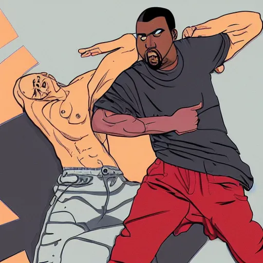 Image similar to An illustration of Kanye West beating up Pete Davidson by Katsuhiro Otomo, comic book style, 8K concept art, cel shaded, anime