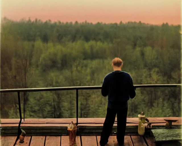 Image similar to award - winning lomographic tarkovsky film still of 4 0 years russian man with beard and sweater standing on small hrushevka 9 th floor balcony in taiga looking at sunset, kodak ektar, bokeh