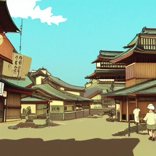 Prompt: japanese fishing town, japanese city, underground city, 2 0 0 1 anime, cel - shading, compact buildings, sepia sunshine